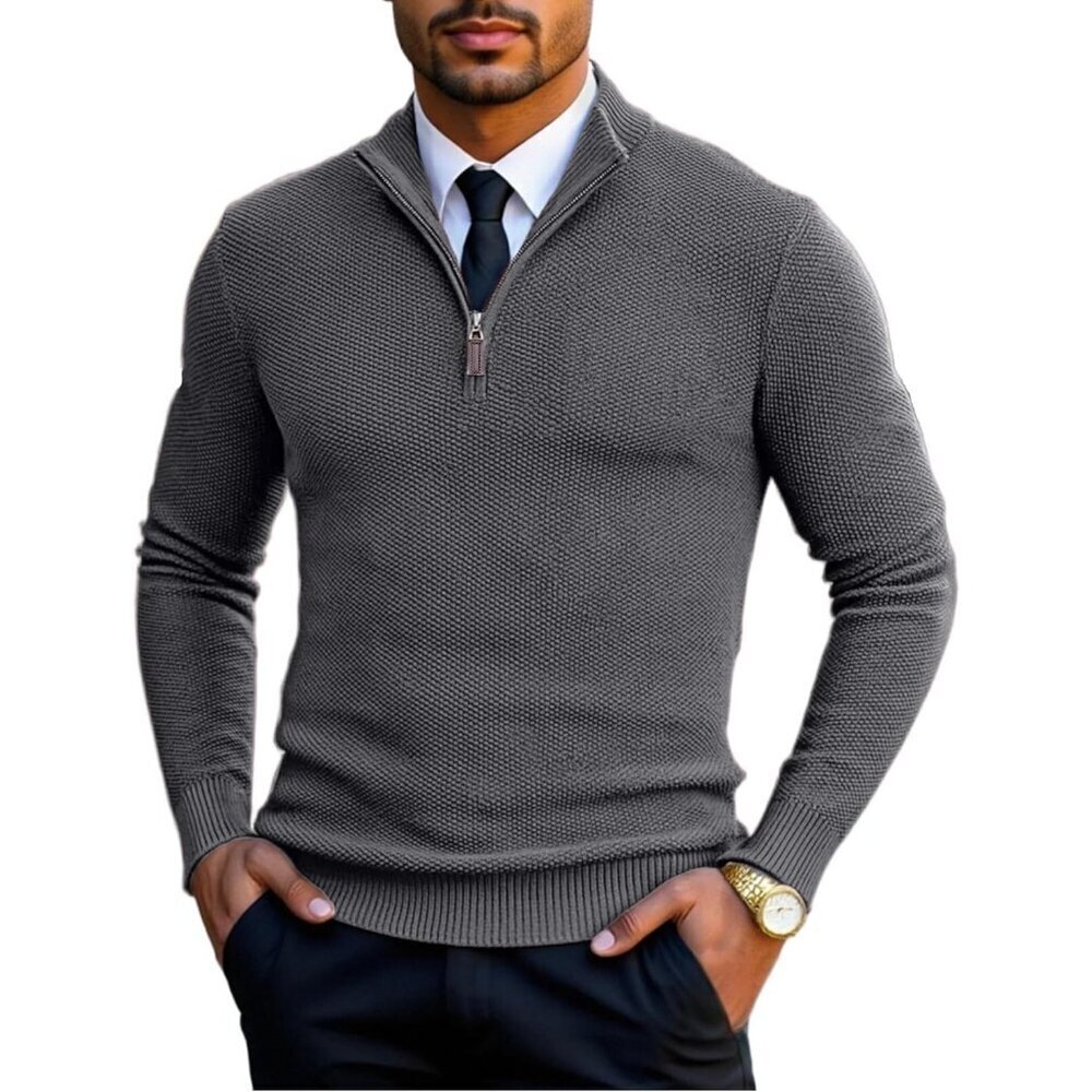 Men's Slim Fit Quarter Zip Pullover Sweater, Knit Mock Neck Polo Gray Sweater